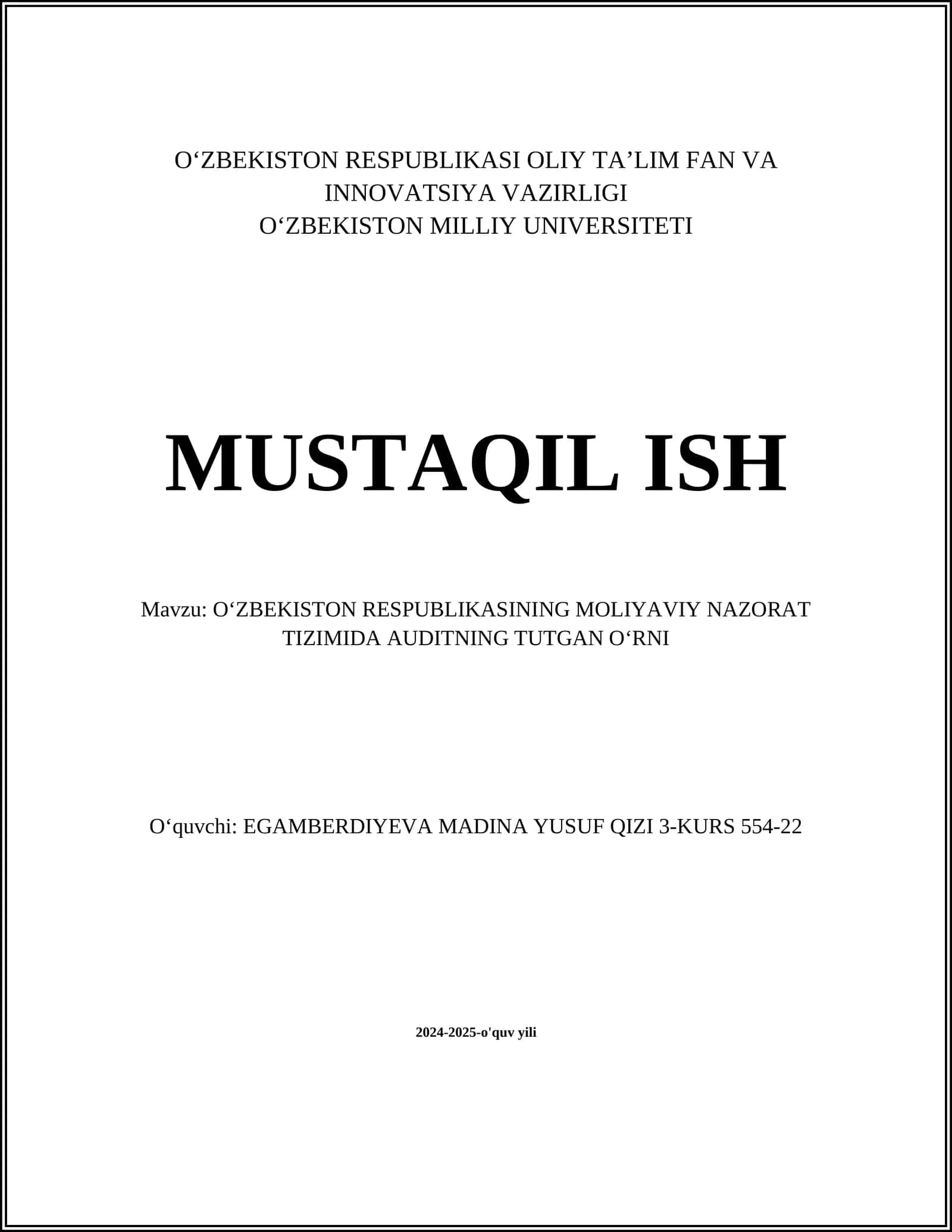 O‘zbekiston Respublikasining Moliyaviy Nazorat Tizimida Auditning Tutgan O‘rni