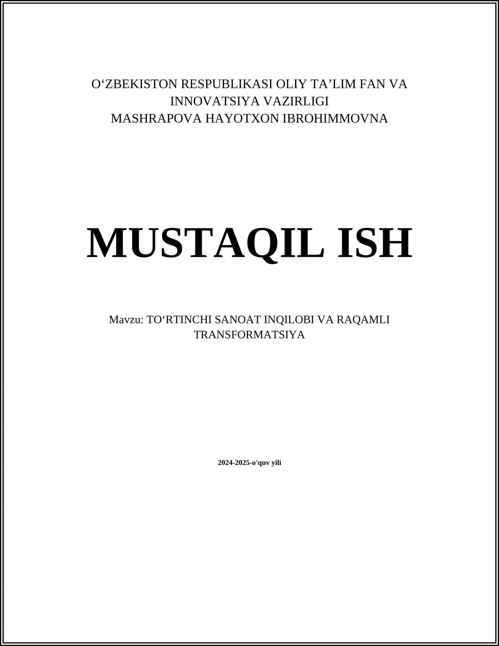 TOʻRTINCHI SANOAT INQILOBI VA RAQAMLI TRANSFORMATSIYA