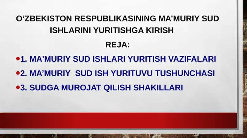 O‘ZBEKISTON RESPUBLIKASINING MA’MURIY SUD ISHLARINI YURITISHGA KIRISH