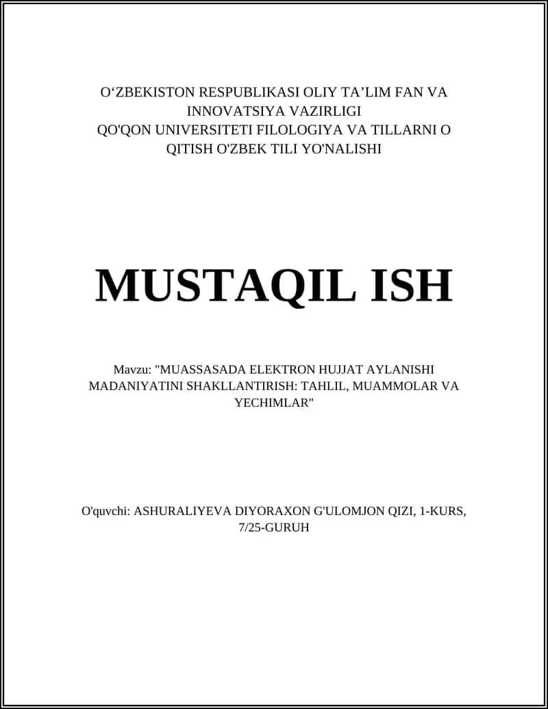 Muassasada Elektron Hujjat Aylanishi Madaniyatini Shakllantirish: Tahlil, Muammlar va Yechimlar