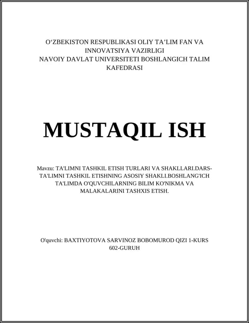 TA'LIMNI TASHKIL ETISH TURLARI VA SHAKLLARI