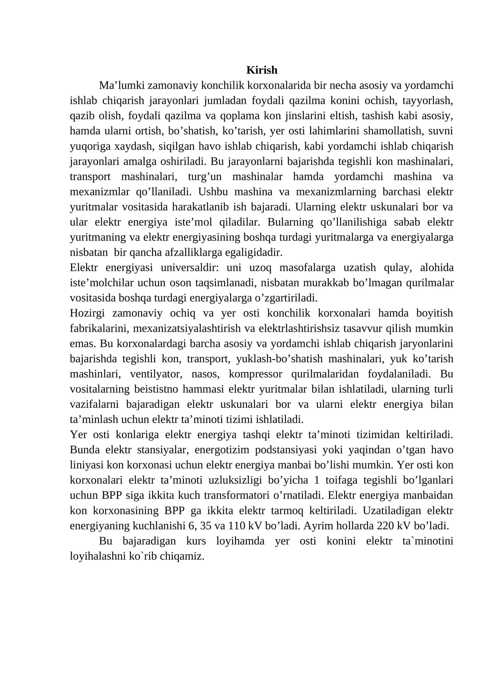 Zamonaviy konchilik korxonalarida elektr yuritmalar va elektr energiyasining qo'llanilishi