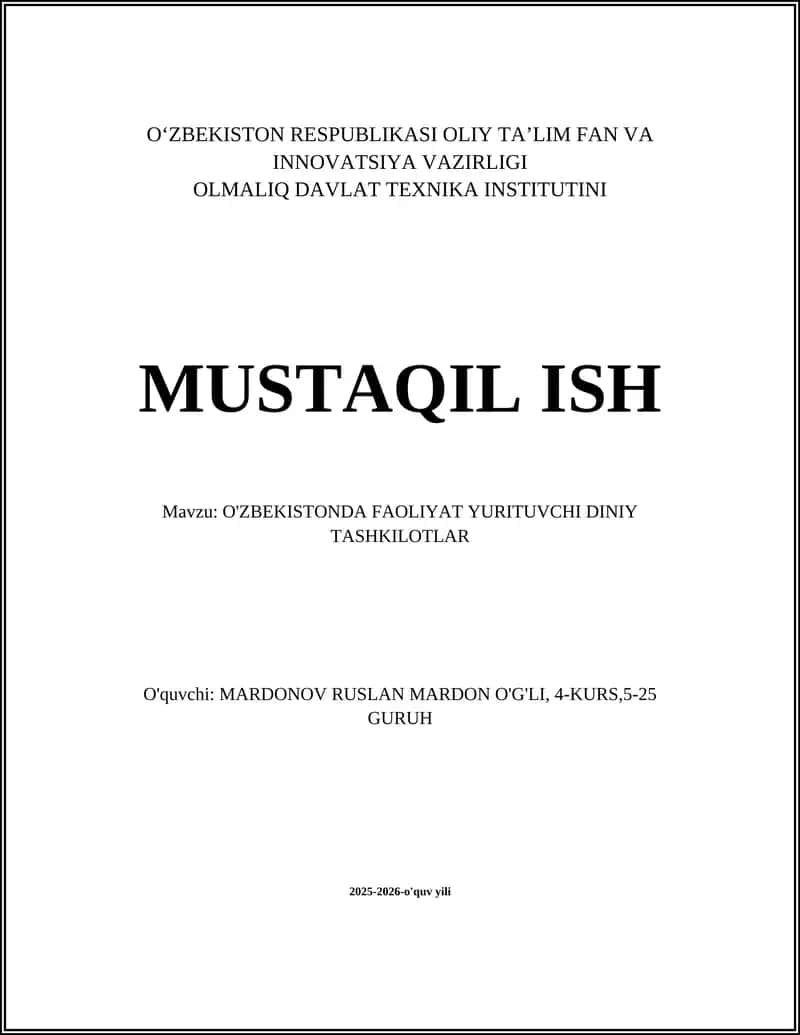 O'ZBEKISTONDA FAOLIYAT YURITUVCHI DINIY TASHKILOTLAR