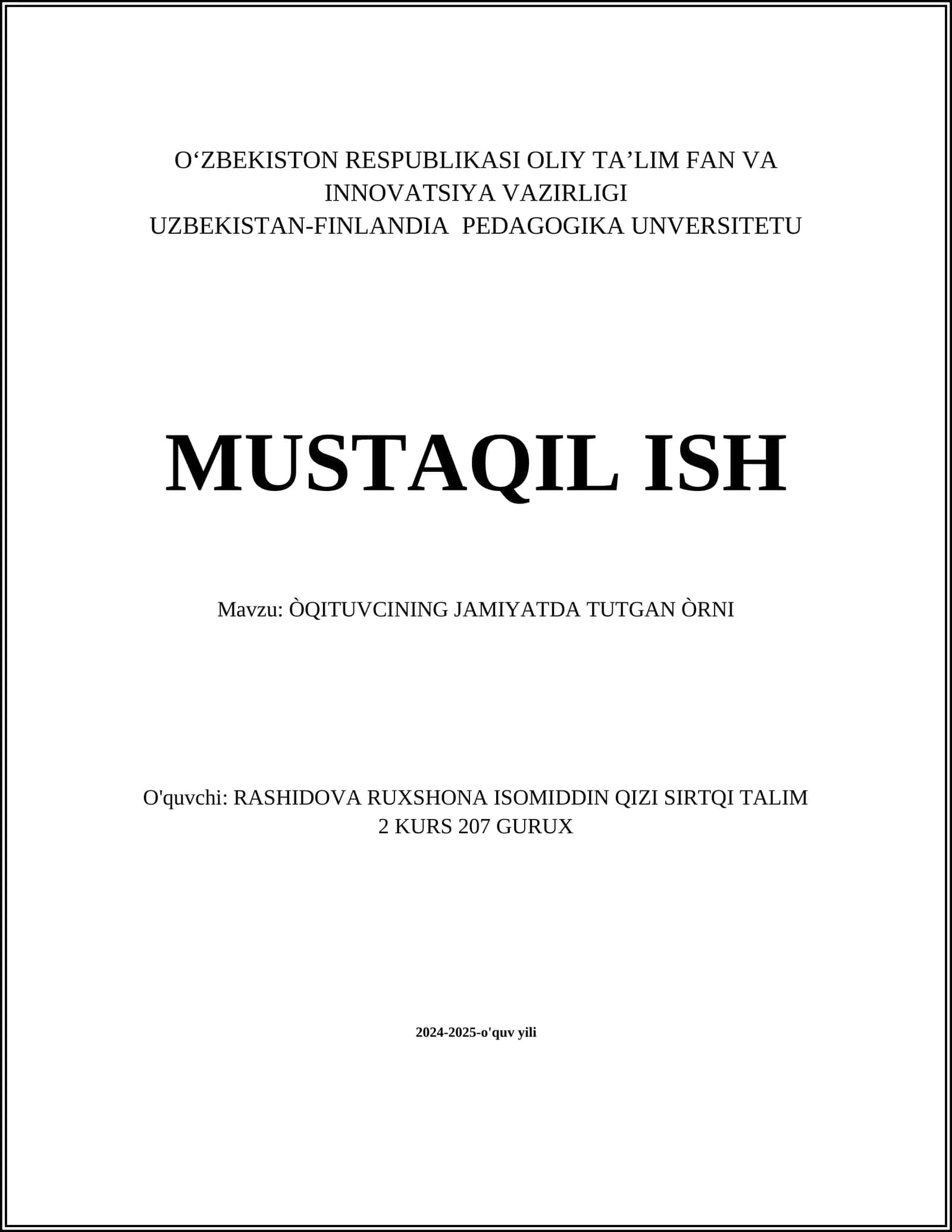 ÒQITUVCINING JAMIYATDA TUTGAN ÒRNI