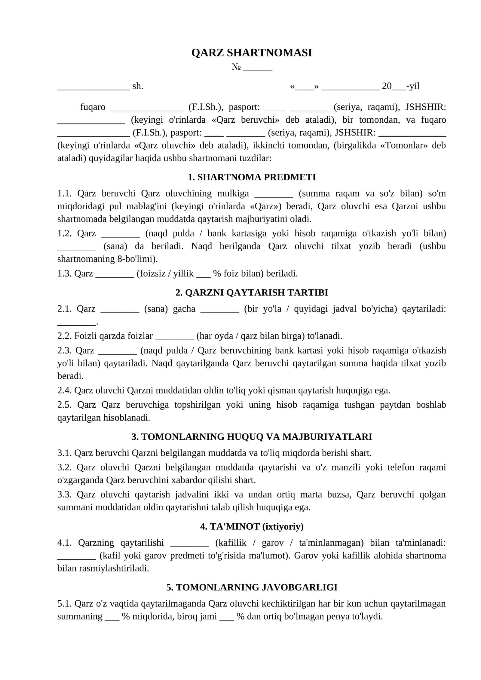 Qarz shartnomasi jismoniy shaxslar ortasida tilxat bilan namunasi