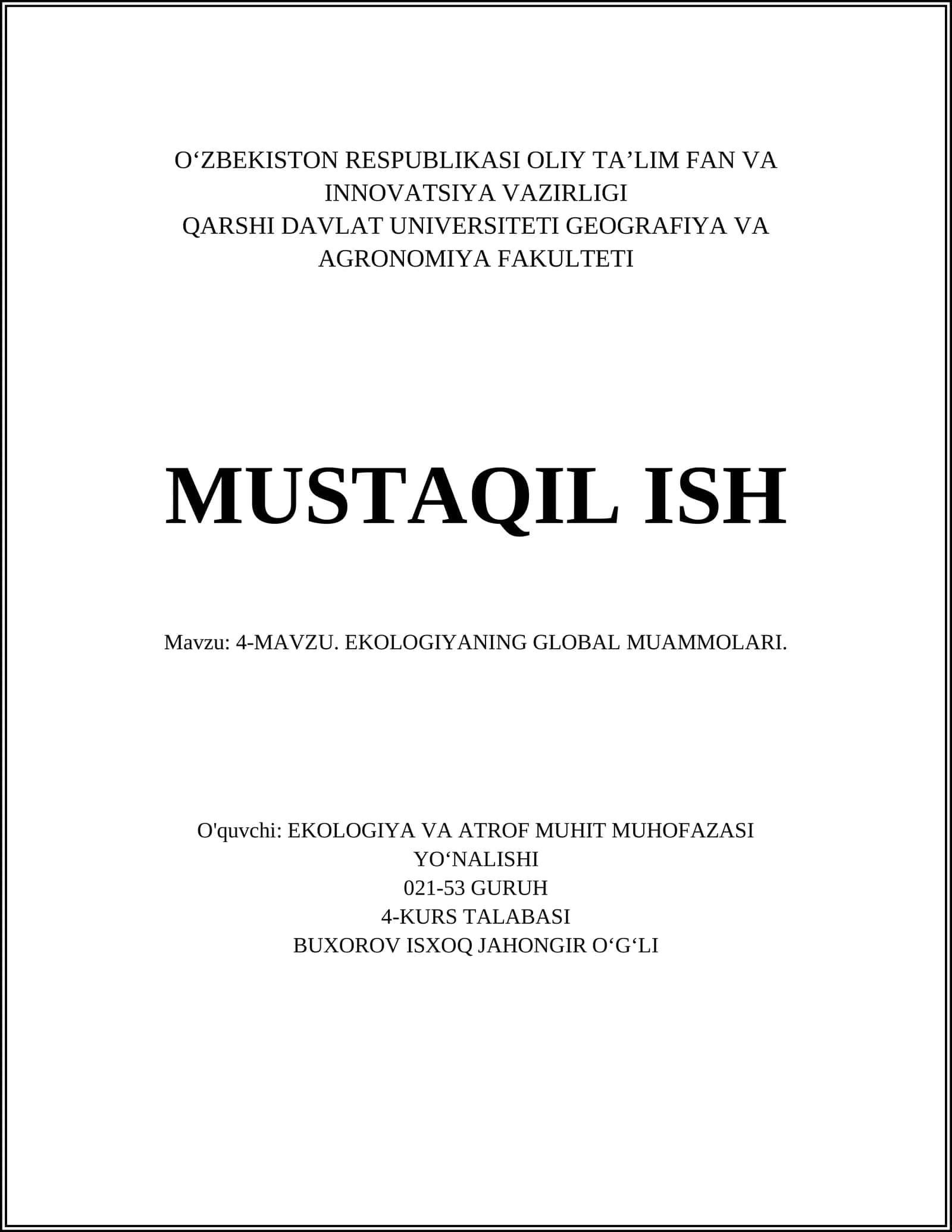 EKOLOGIYANING GLOBAL MUAMMOLARI