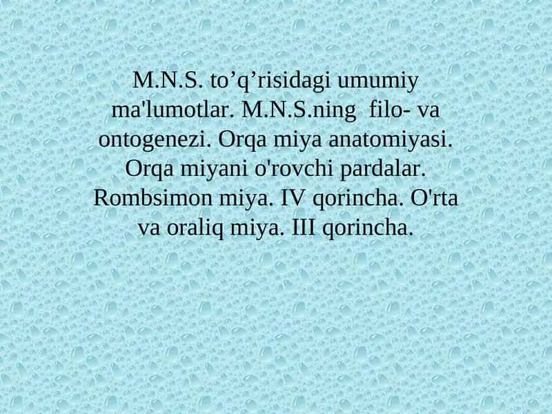 M.N.S. to’q’risidagi umumiy ma'lumotlar. M.N.S.ning filo- va ontogenezi. Orqa miya anatomiyasi. Orqa miyani o'rovchi pardalar. Rombsimon miya. IV qorincha. O'rta va oraliq miya. III qorincha.