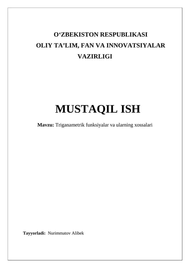 Triganametrik funksiyalar va ularning xossalari
