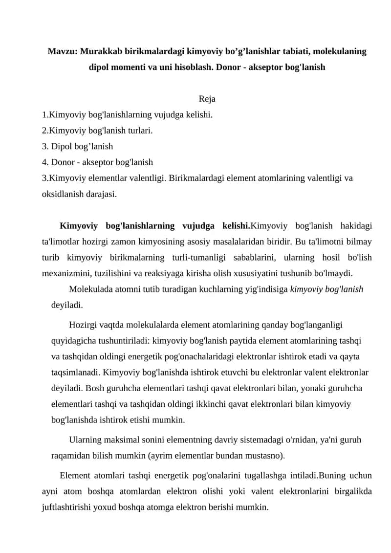 Kimyoviy Bog'lanishlar Tabiati