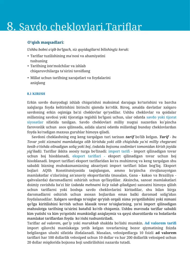 Savdo cheklovlari.Tariflar