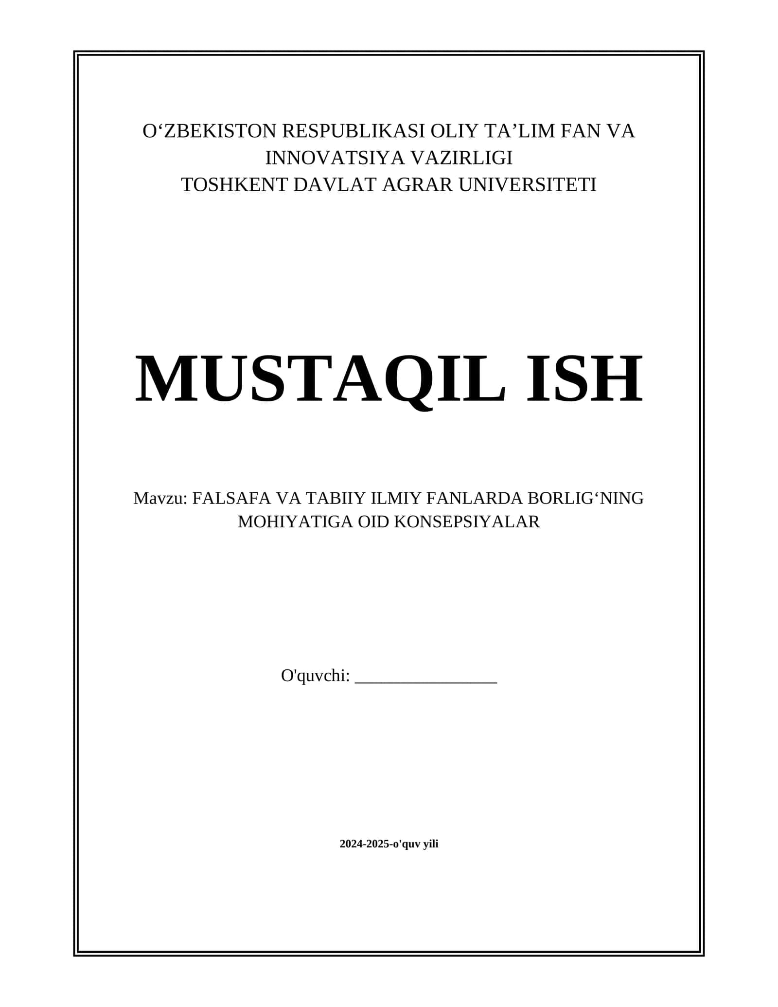 FALSAFA VA TABIIY ILMIY FANLARDA BORLIGʻNING MOHIYATIGA OID KONSEPSIYALAR