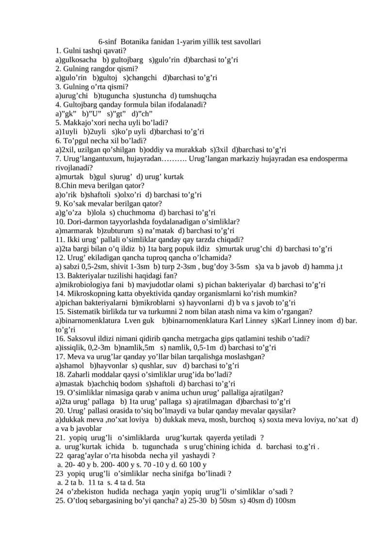 6-sinf Botanika fanidan 1-yarim yillik test savollari