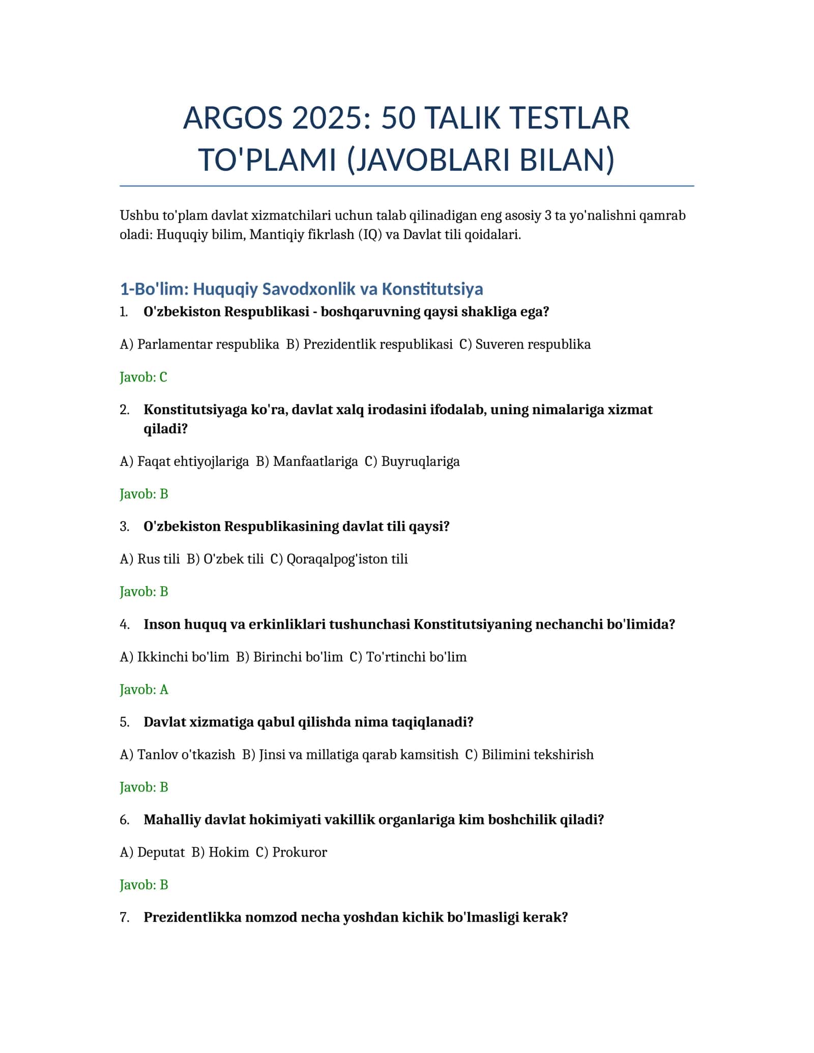 ARGOS 2026: 50 TALIK TESTLAR TO'PLAMI (JAVOBLARI BILAN)