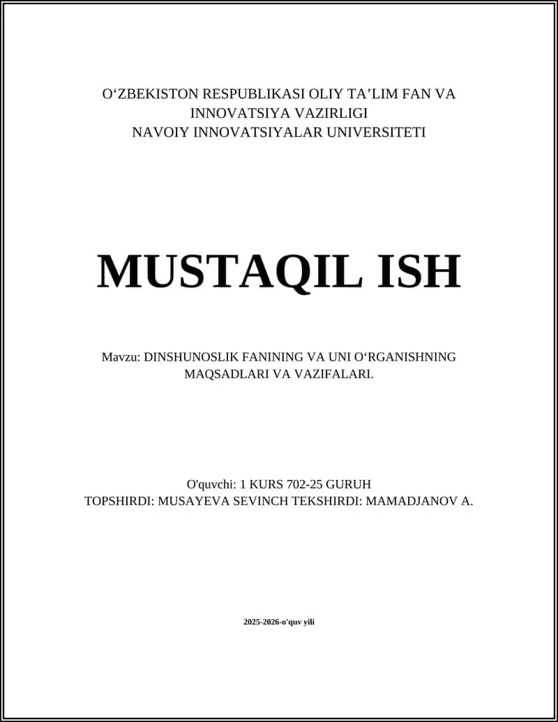 Dinshunoslik fanining taʼrifi va predmeti