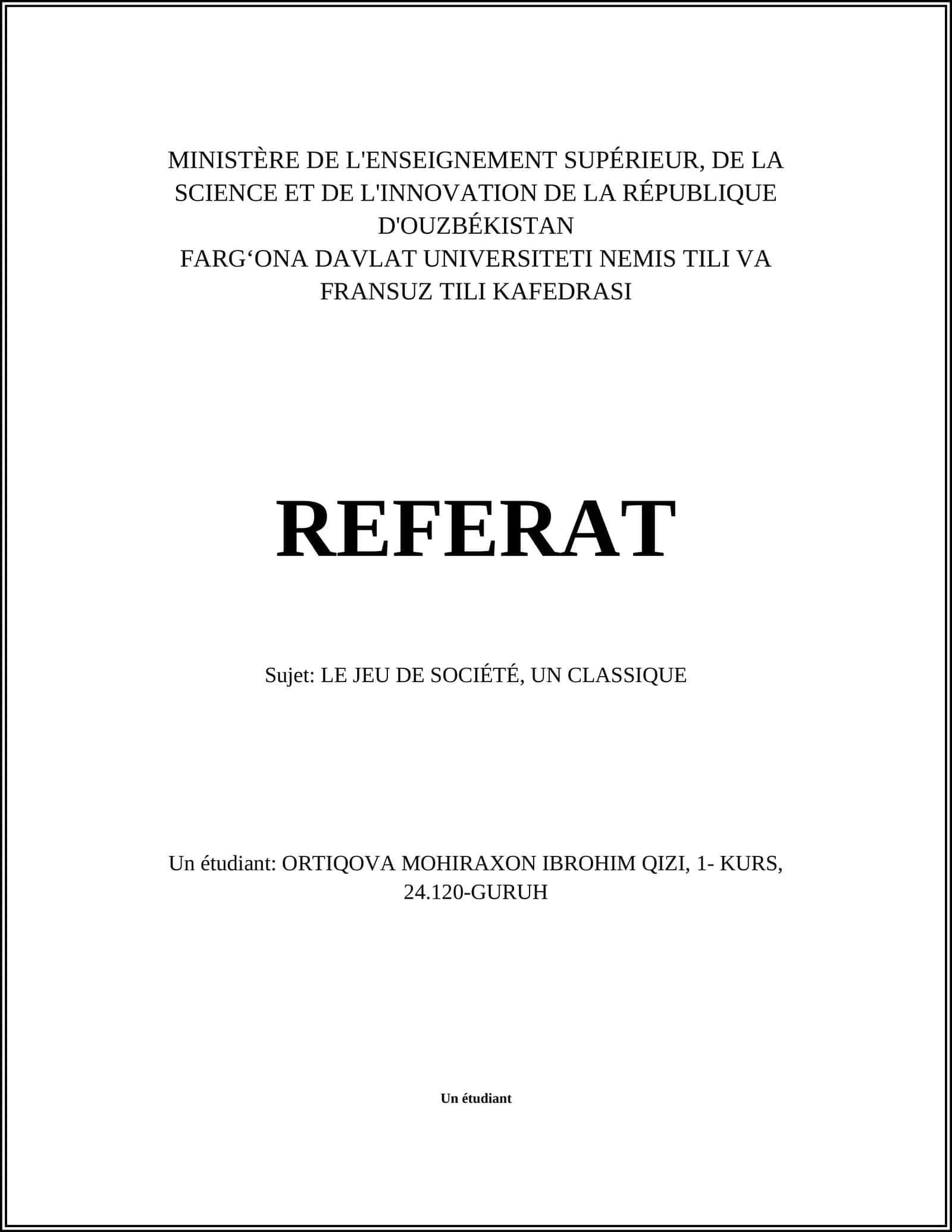 REFERAT Sujet: LE JEU DE SOCIÉTÉ, UN CLASSIQUE