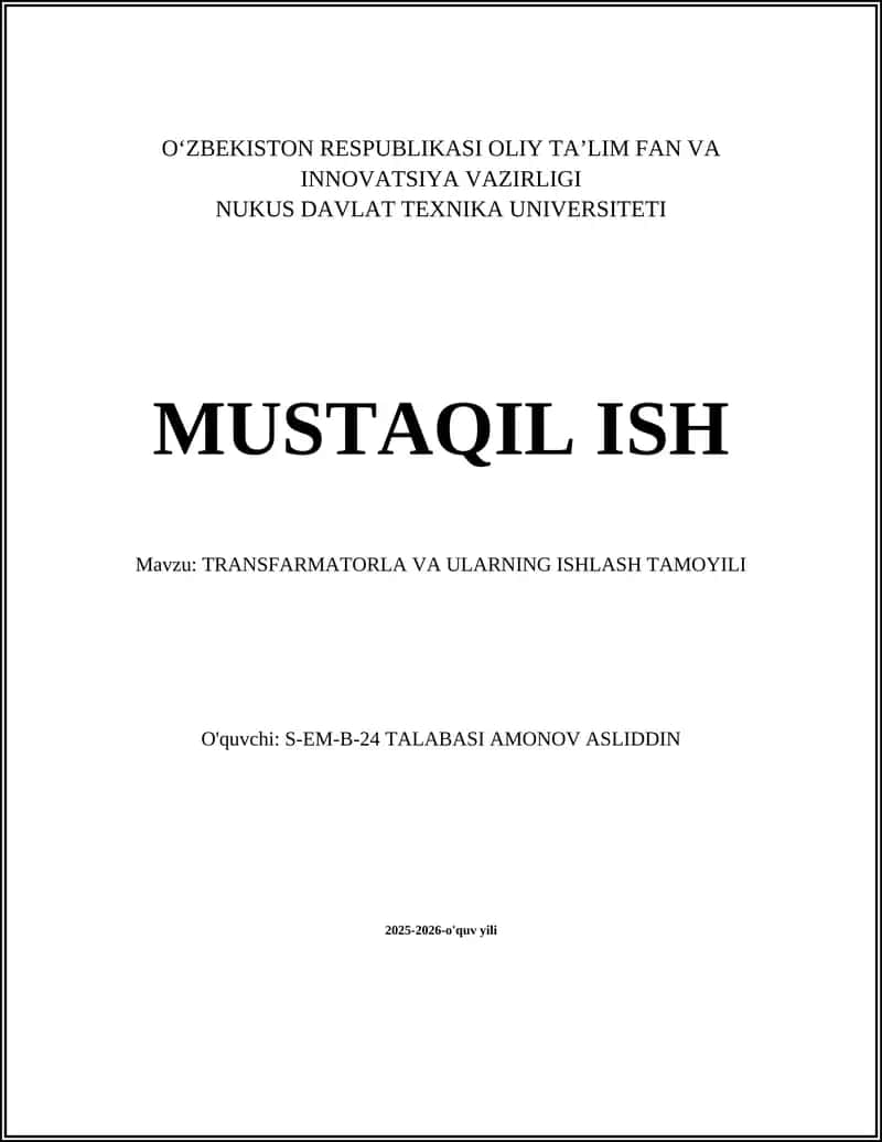 TRANSFARMATORLA VA ULARNING ISHLASH TAMOYILI
