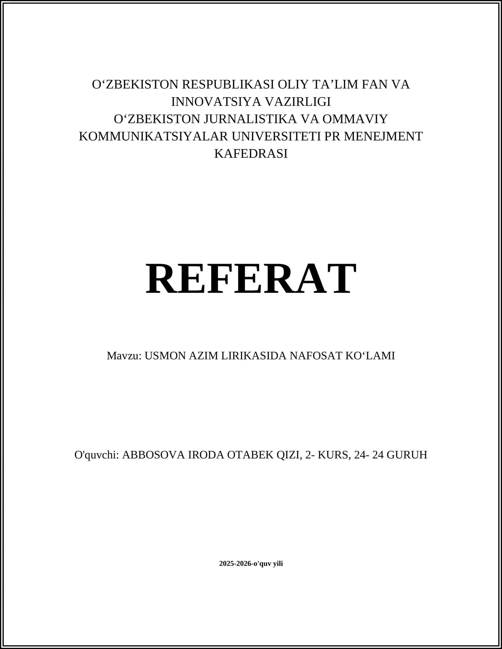 USMON AZIM LIRIKASIDA NAFOSAT KOʻLAMI