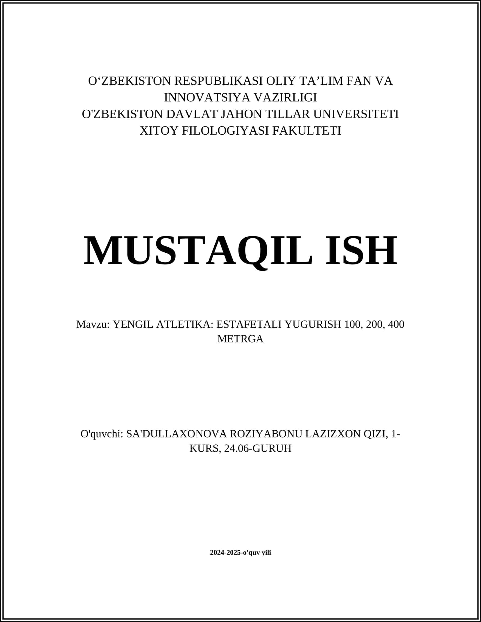 YENGIL ATLETIKA: ESTAFETALI YUGURISH 100, 200, 400 METRGA