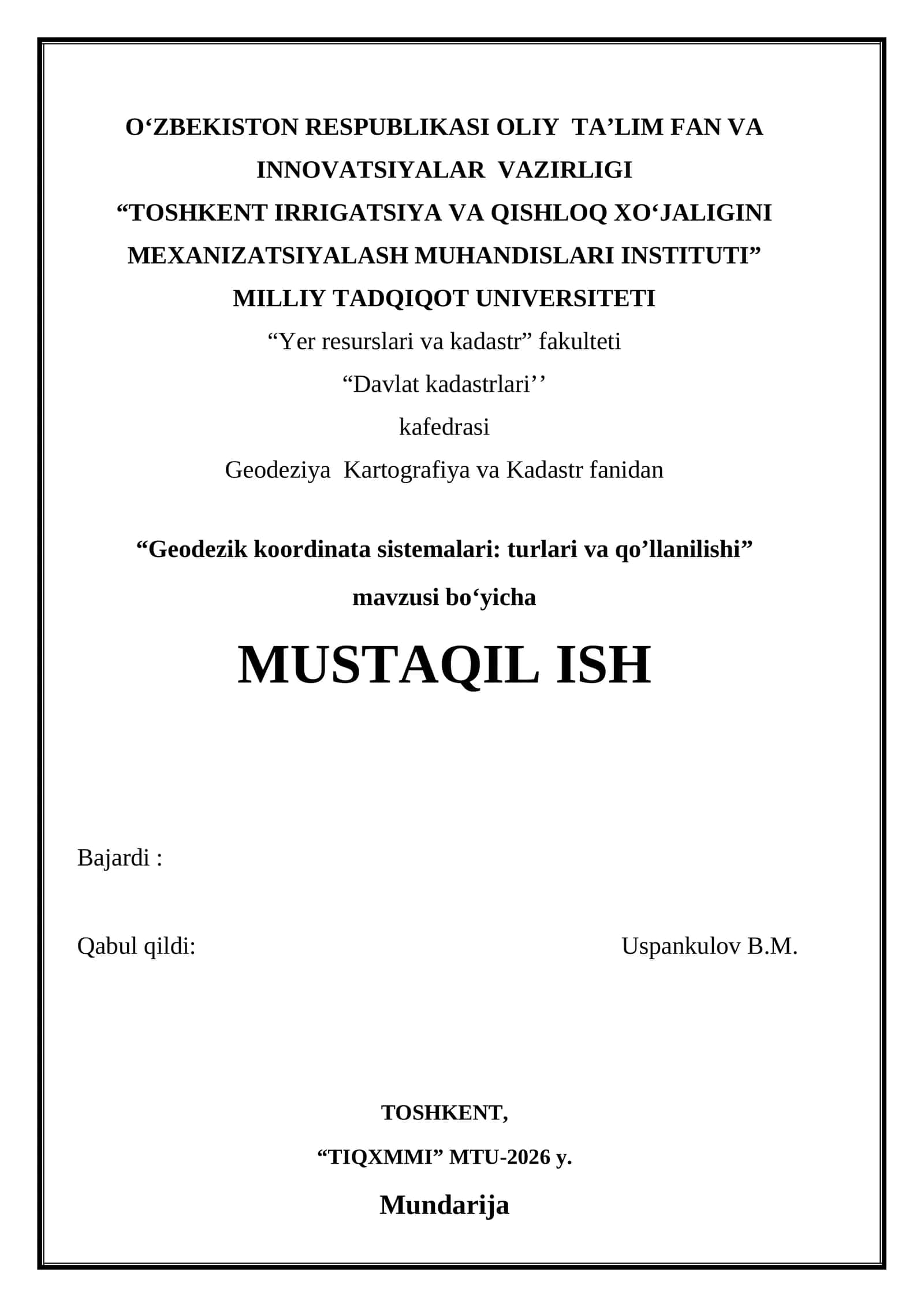 Geodezik koordinata sistemalari turlari va qo’llanilishi