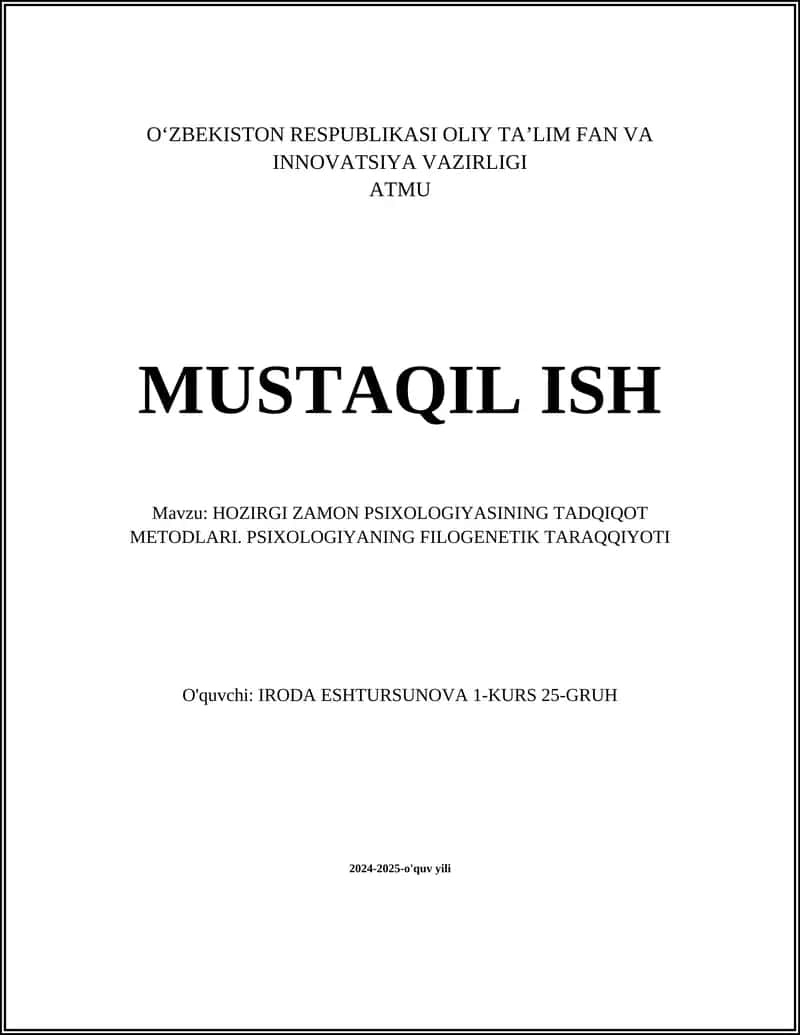 HOZIRGI ZAMON PSIXOLOGIYASINING TADQIQOT METODLARI