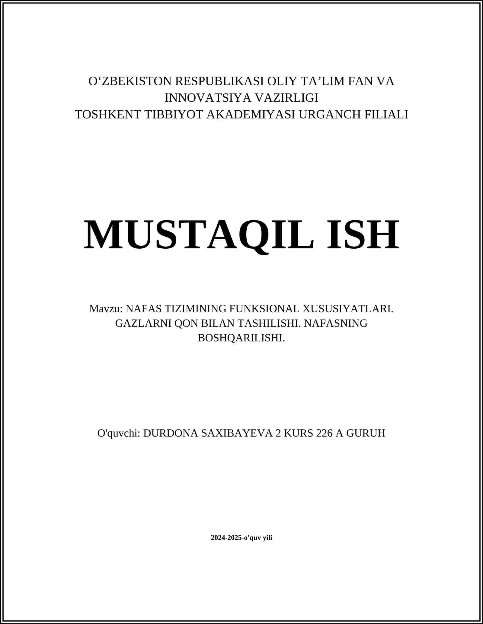 NAFAS TIZIMINING FUNKSIONAL XUSUSIYATLARI