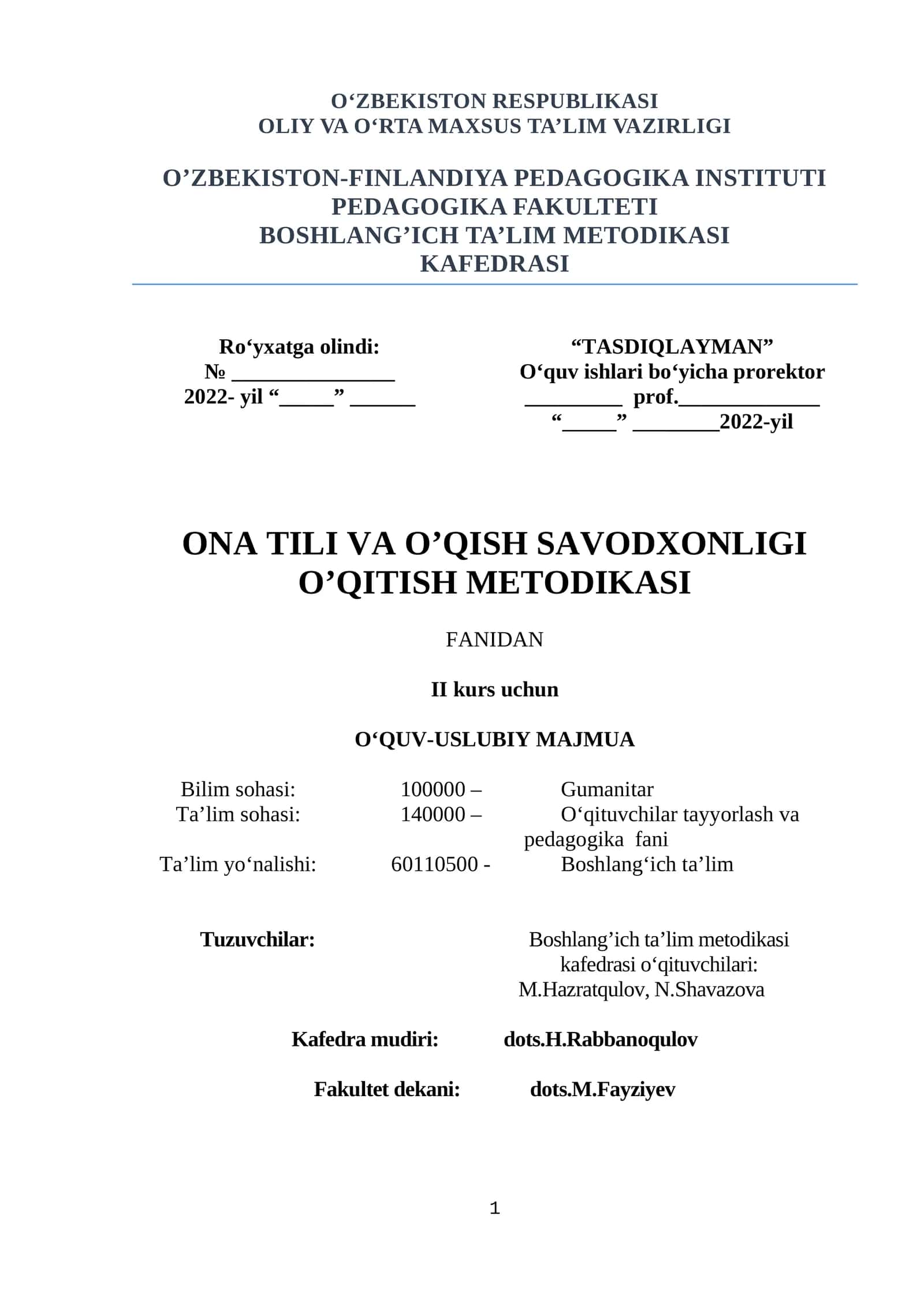 ONA TILI VA O’QISH SAVODXONLIGI O’QITISH METODIKASI