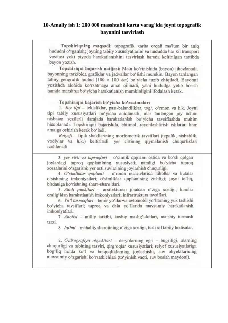10-Amaliy ish 1: 200 000 masshtabli karta varag`ida joyni topografik bayonini tasvirlash