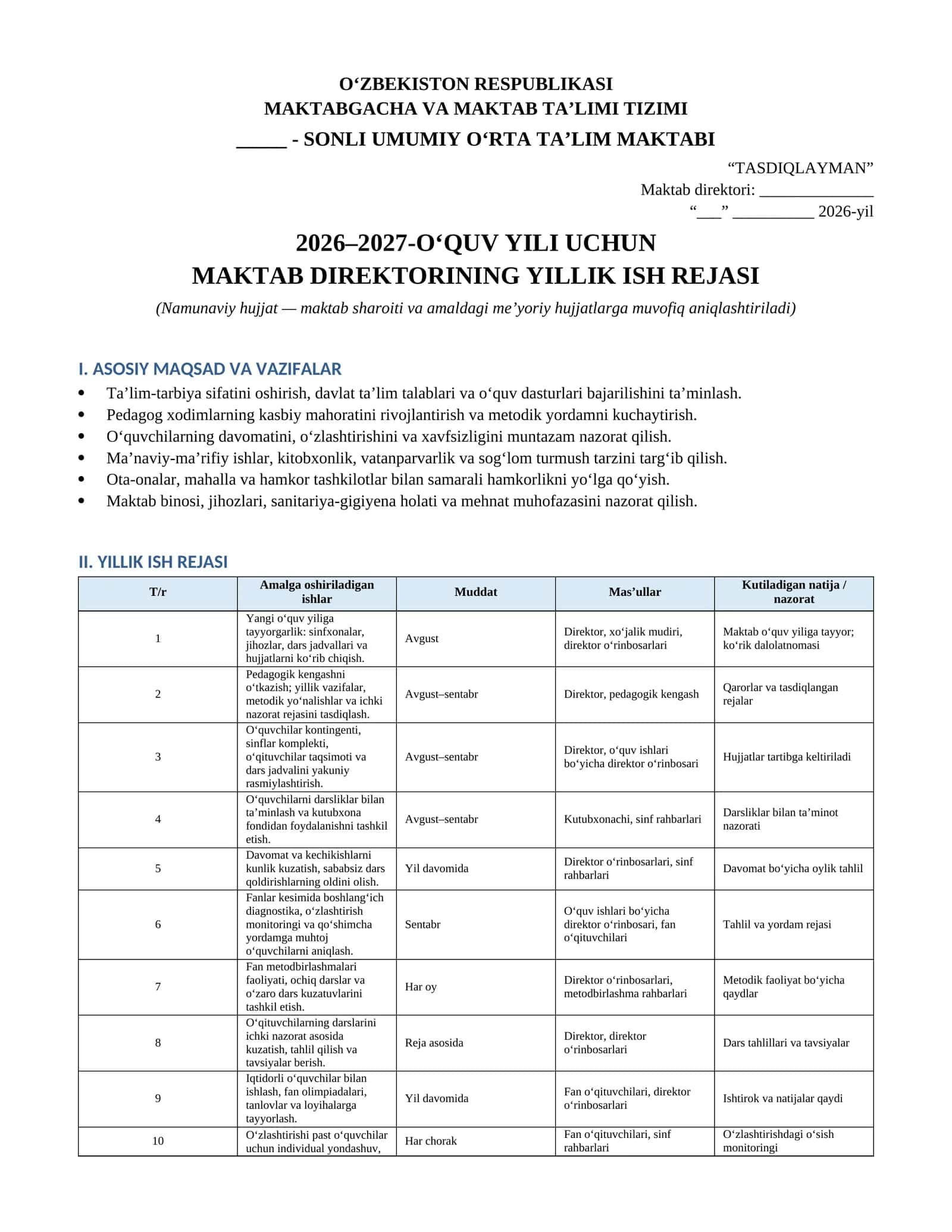 Maktab direktorining 2026–2027-o‘quv yili uchun yillik ish rejasi