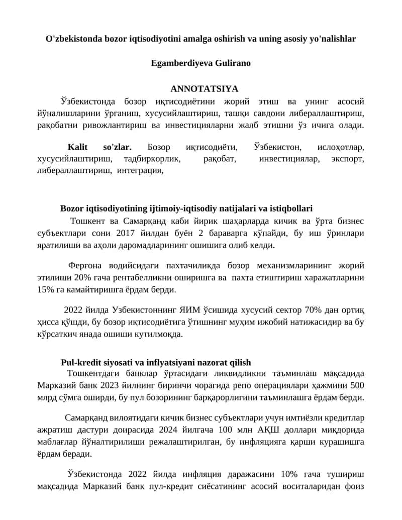 Bozor iqtisodiyotini amalga oshirish va uning asosiy yo'nalishlar