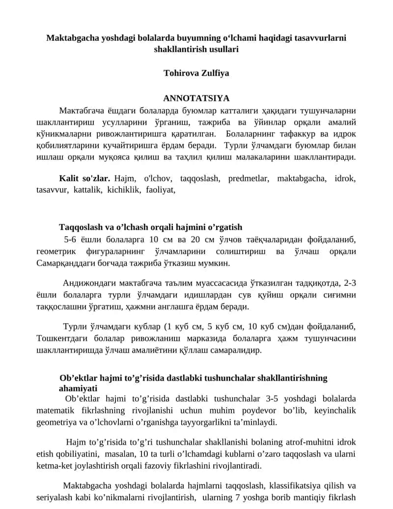 Maktabgacha yoshdagi bolalarda buyumning o‘lchami haqidagi tasavvurlarni shakllantirish usullari