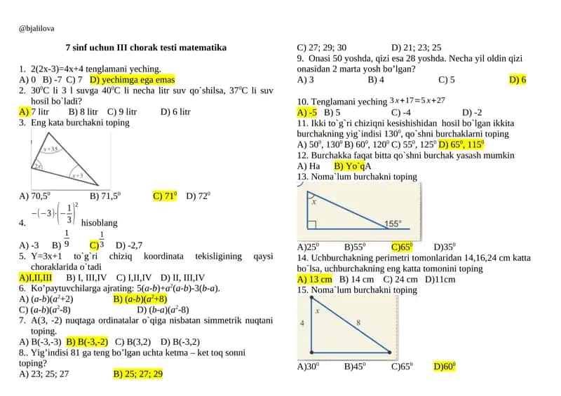 7 sinf uchun III chorak testi matematika