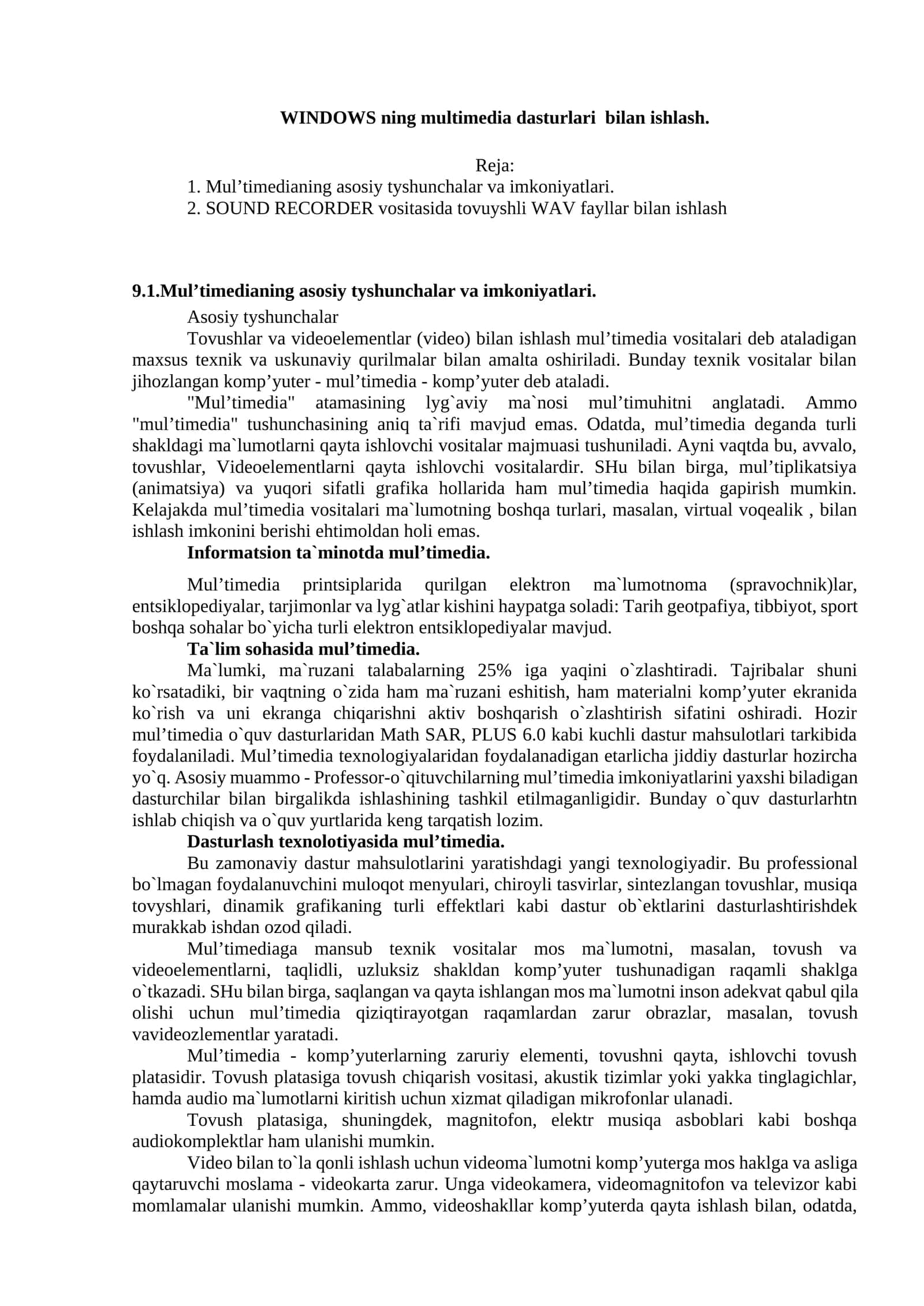 Mul’timedianing asosiy tyshunchalar va imkoniyatlari