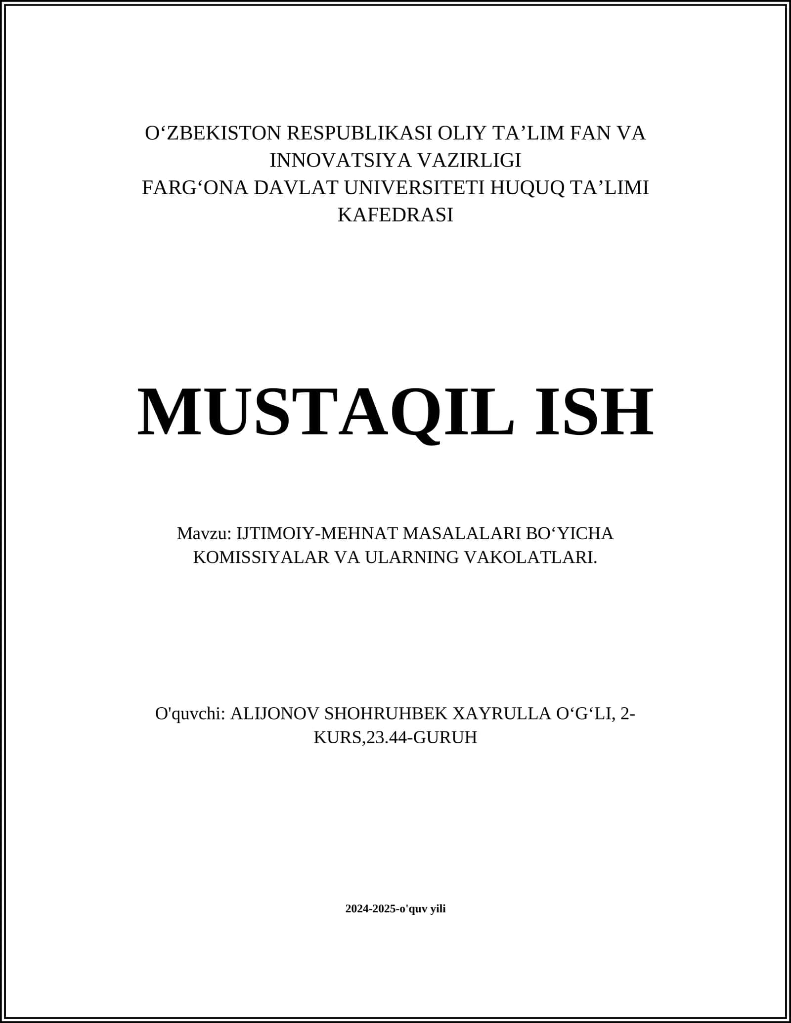 IJTIMOIY-MEHNAT MASALALARI BO'YICHA KOMISSIYALAR VA ULARNING VAKOLATLARI