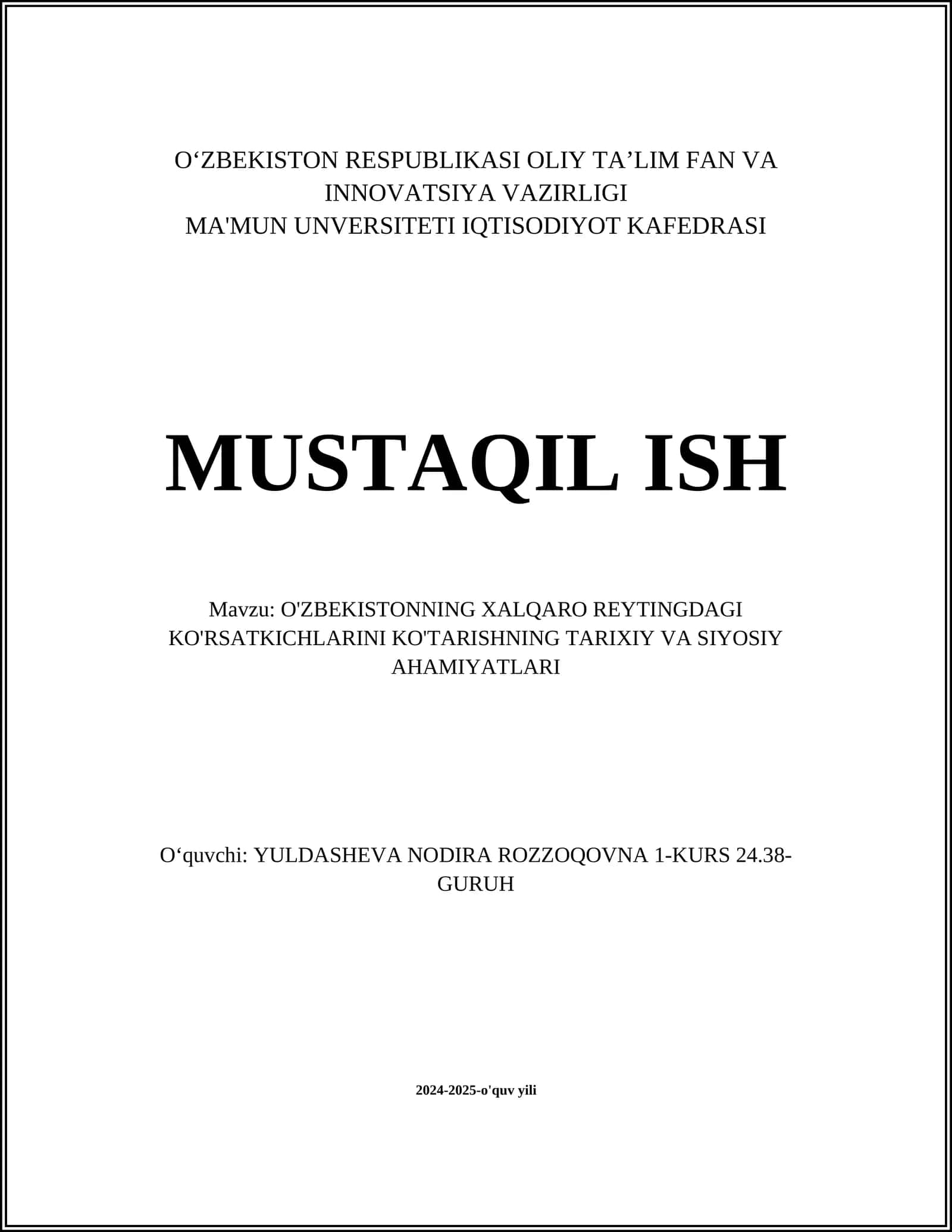 O'ZBEKISTONNING XALQARO REYTINGDAGI KO'RSATKICHLARINI KO'TARISHNING TARIXIY VA SIYOSIY AHAMIYATLARI