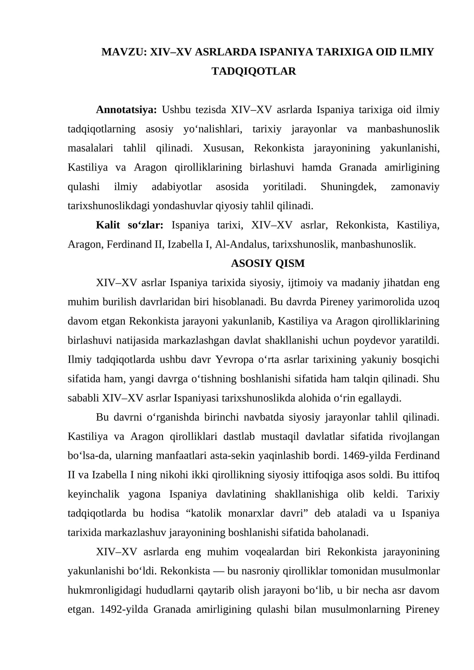 XIV-XV asrlarda Ispaniya tarixiga oid ilmiy tadqiqotlar mavzusi yuzasidan tezis
