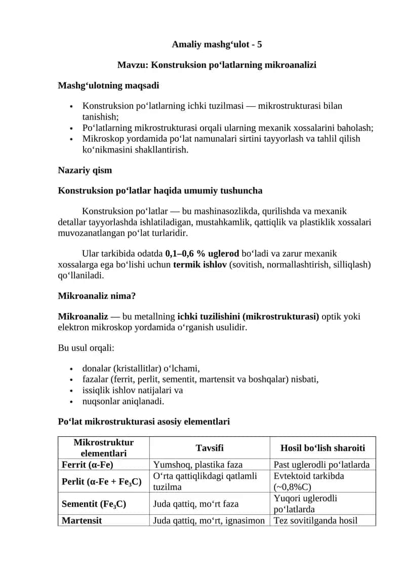 Konstruksion po‘latlarning mikroanalizi