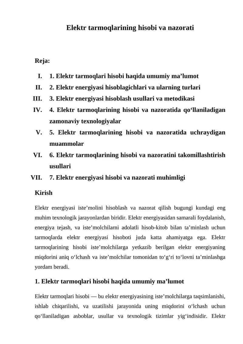 Elektr tarmoqlarining hisobi va nazorati
