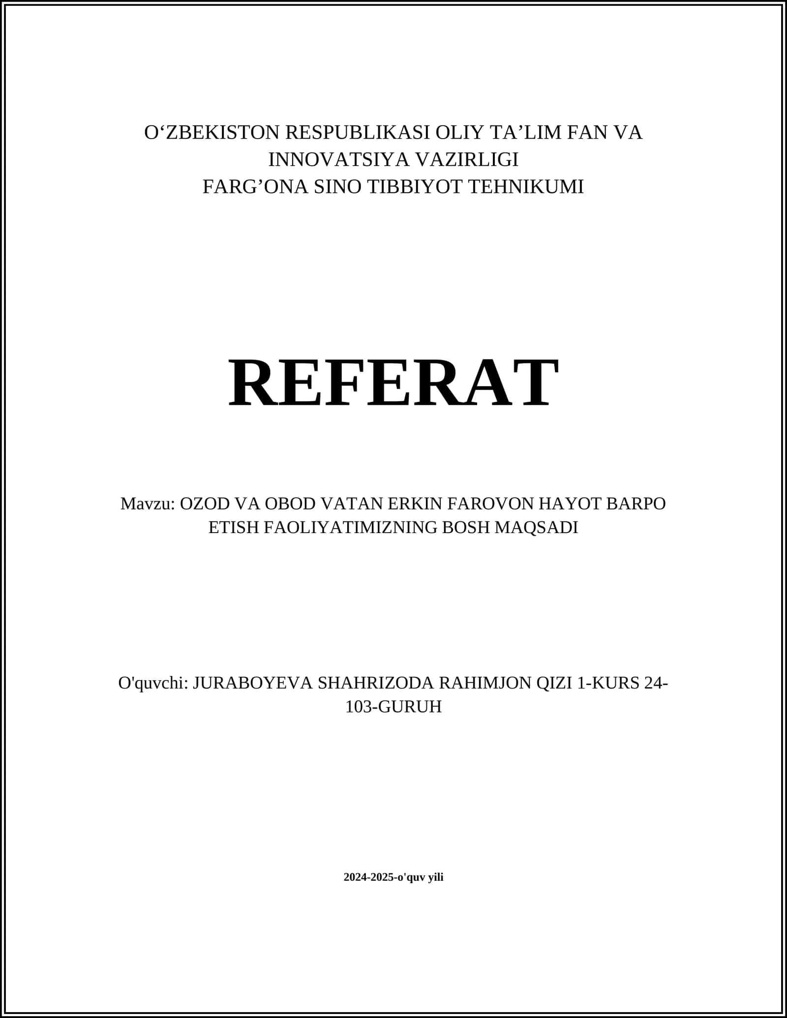 OZOD VA OBOD VATAN ERKIN FAROVON HAYOT BARPO ETISH FAOLIYATIMIZNING BOSH MAQSADI
