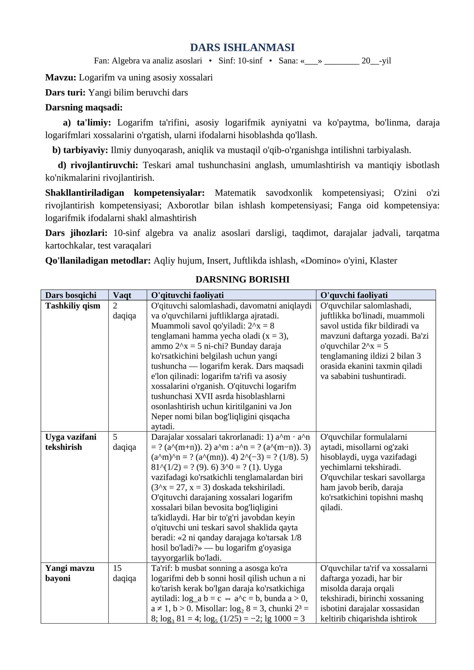 10 sinf Algebra va analiz asoslari dars ishlanma Logarifm va uning asosiy xossalari
