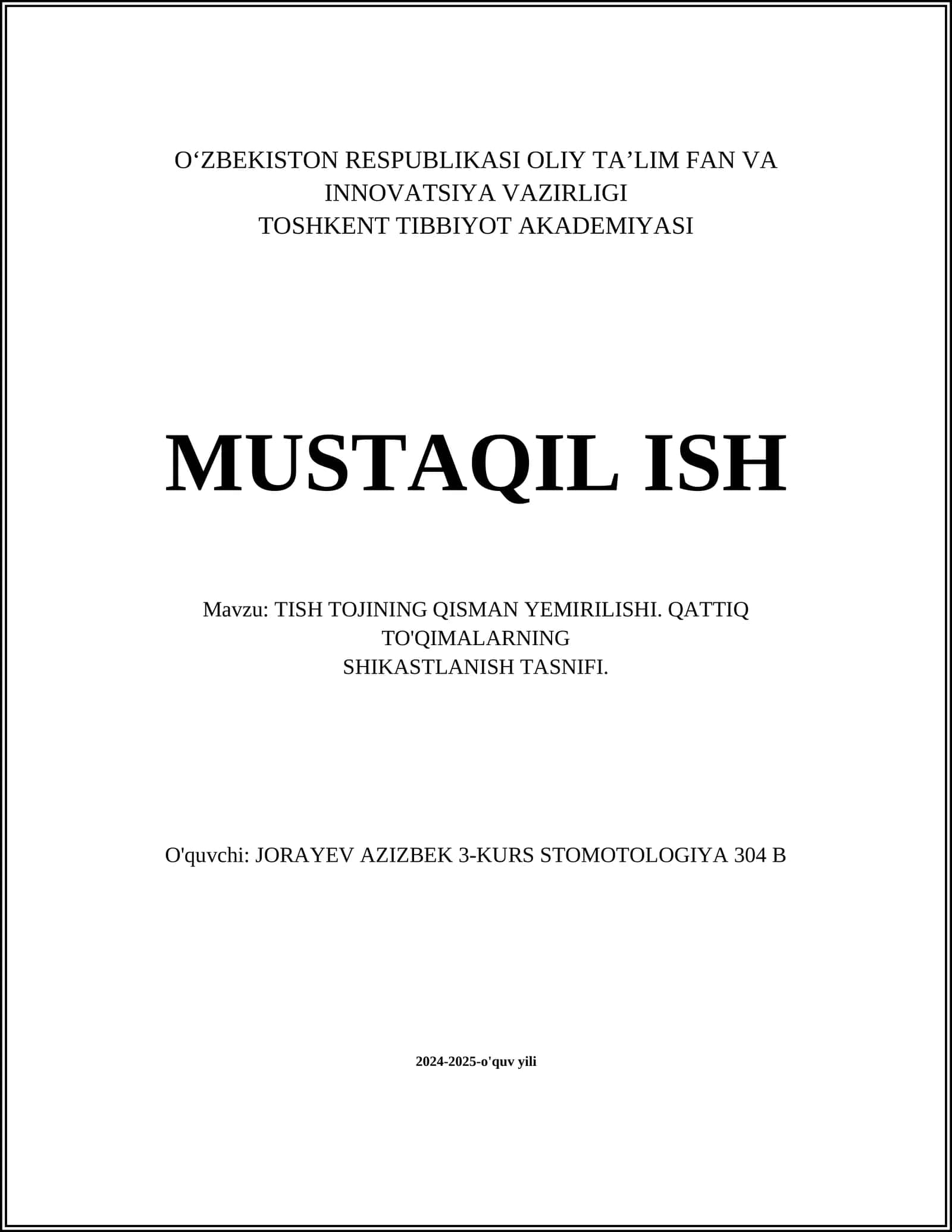 TISH TOJINING QISMAN YEMIRILISHI. QATTIQ TO'QIMALARNING SHIKASTLANISH TASNIFI