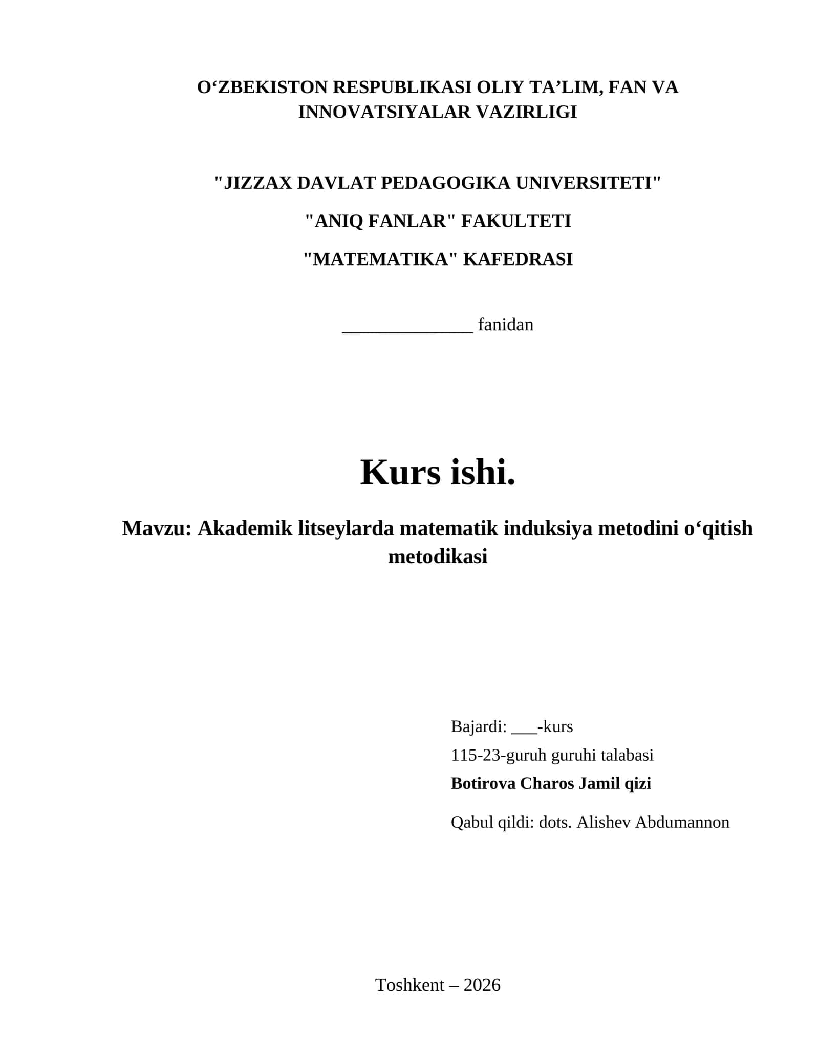 Akademik litseylarda matematik induksiya metodini oʻqitish metodikasi