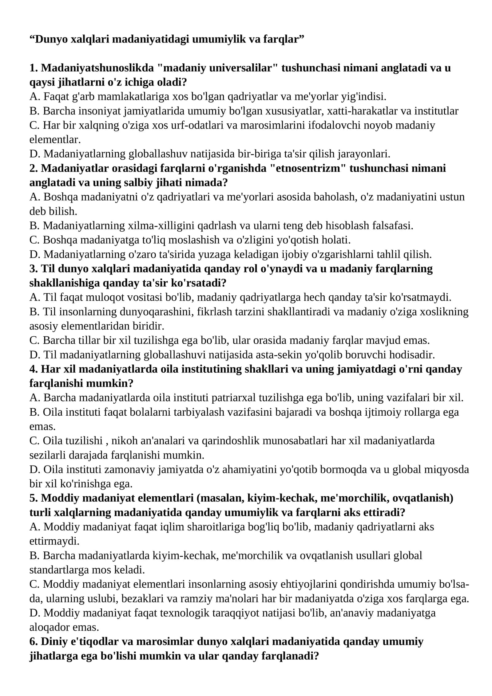 “Dunyo xalqlari madaniyatidagi umumiylik va farqlar” Test