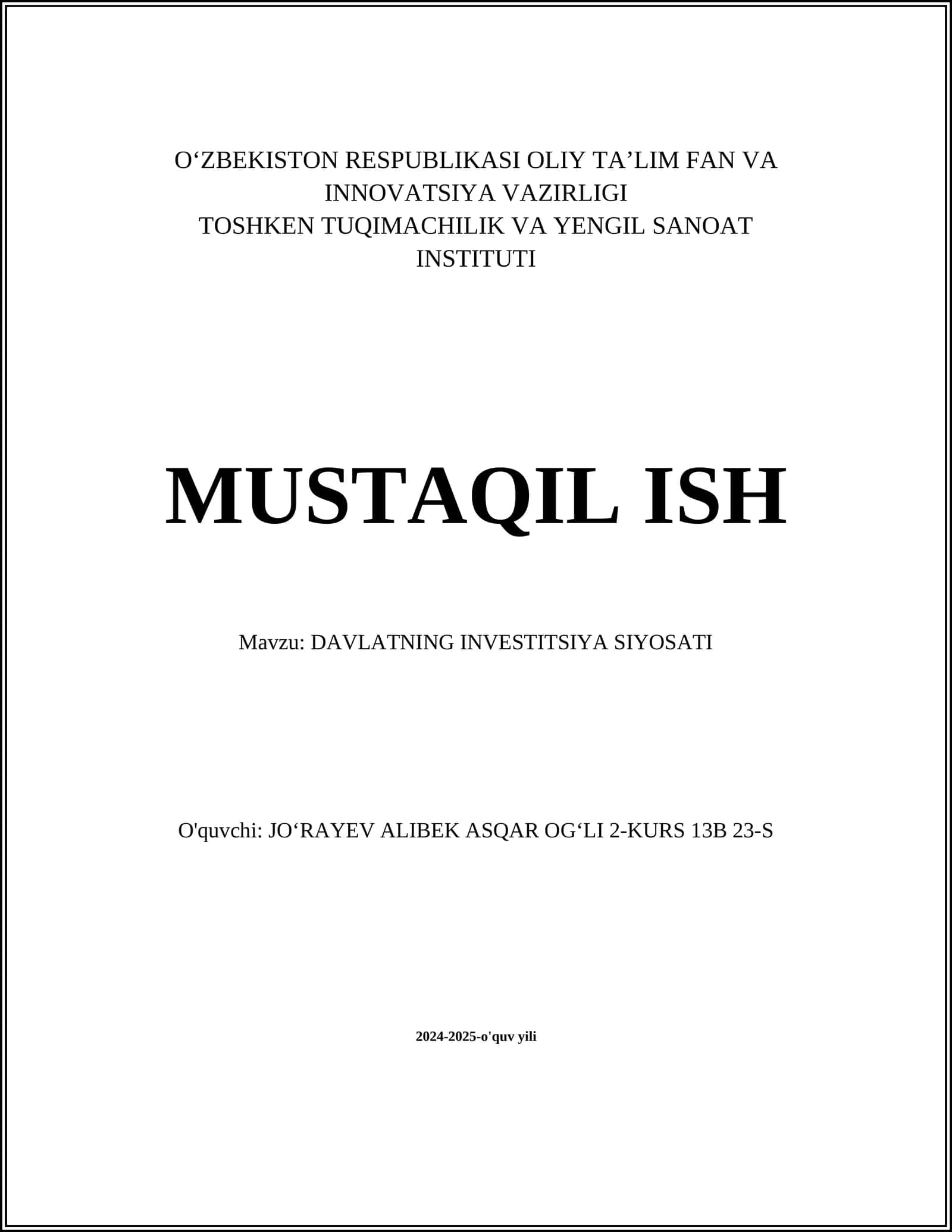 DAVLATNING INVESTITSIYA SIYOSATI