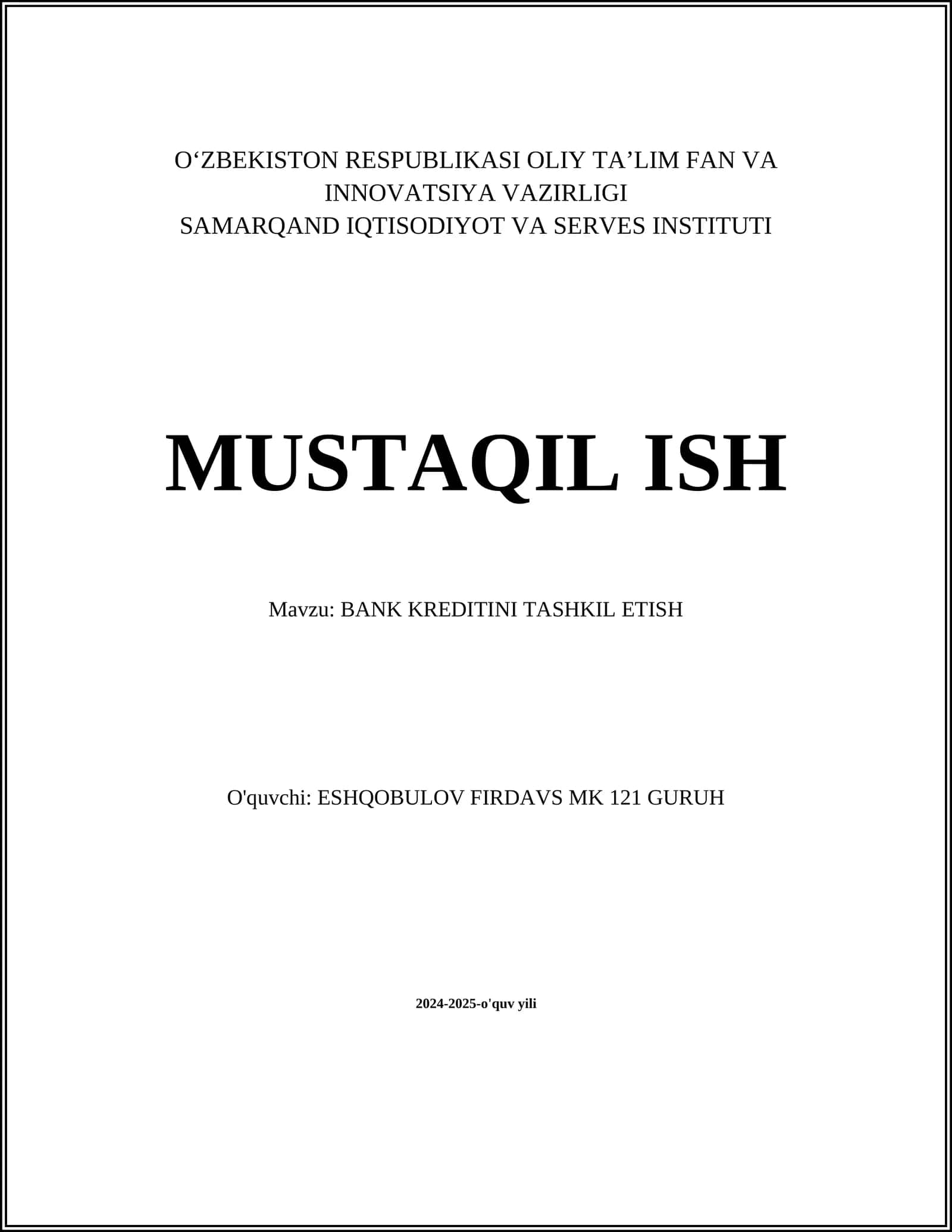 BANK KREDITINI TASHKIL ETISH