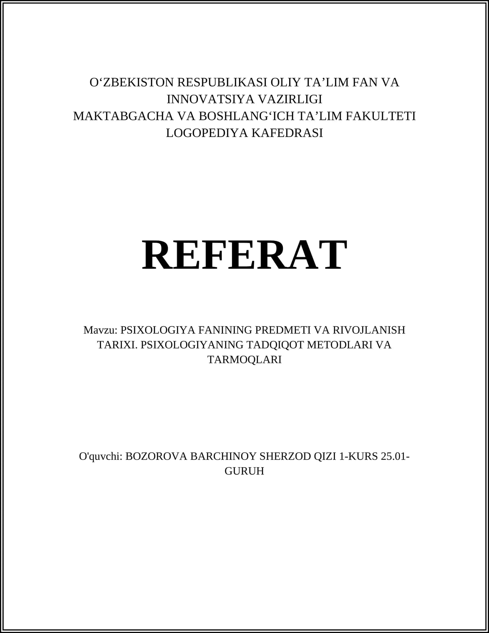 PSIXOLOGIYA FANINING PREDMETI VA RIVOJLANISH TARIXI