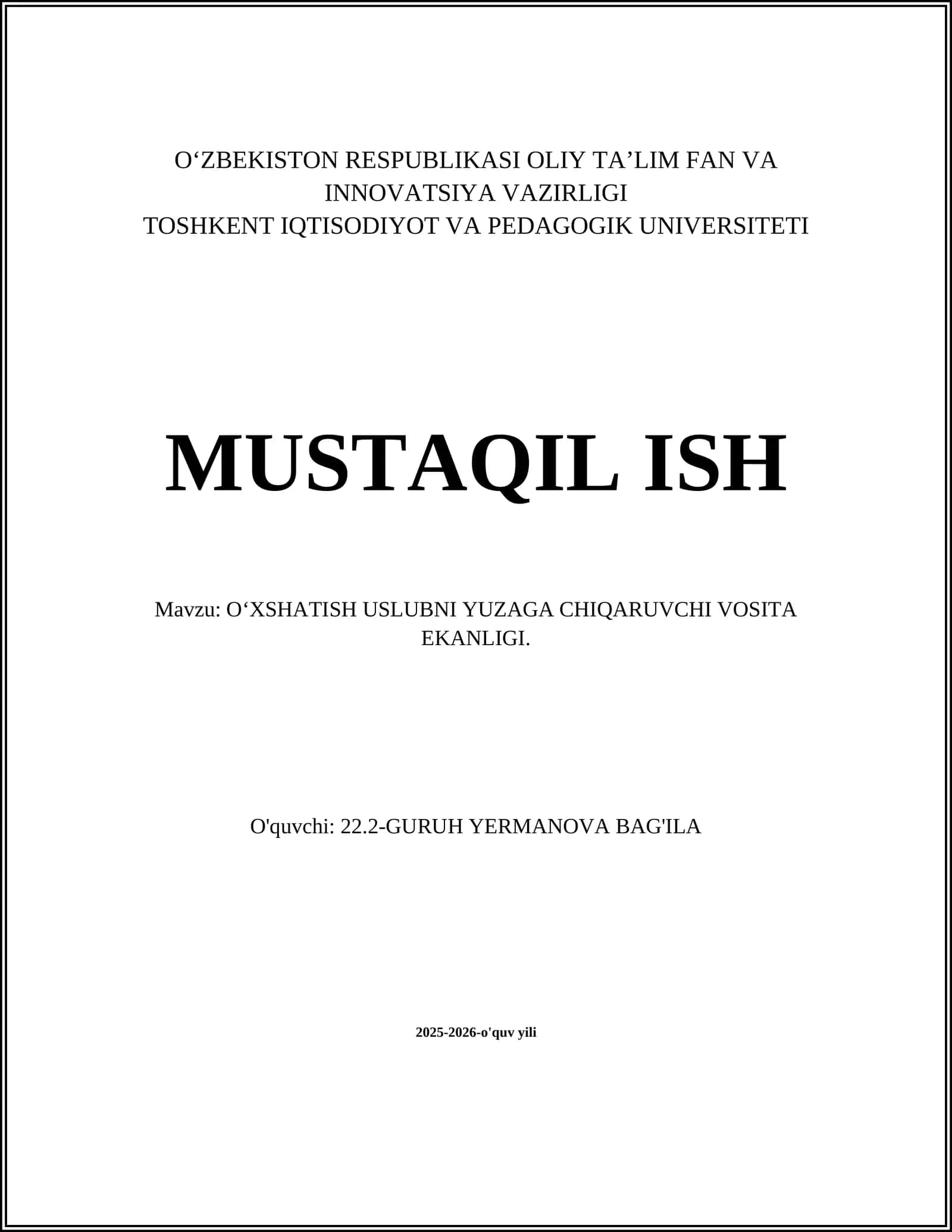O‘XSHATISH USLUBNI YUZAGA CHIQARUVCHI VOSITA EKANLIGI