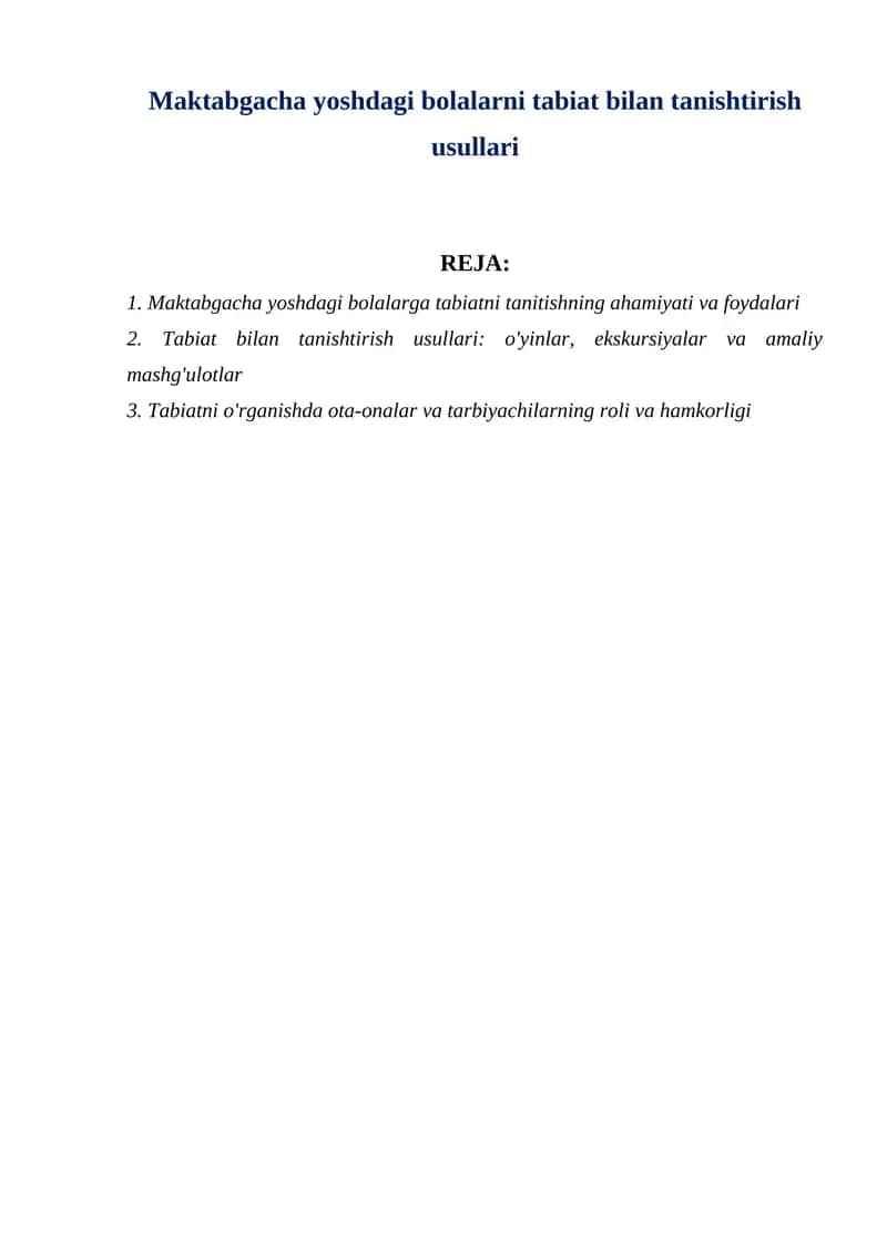Maktabgacha yoshdagi bolalarni tabiat bilan tanishtirish usullari