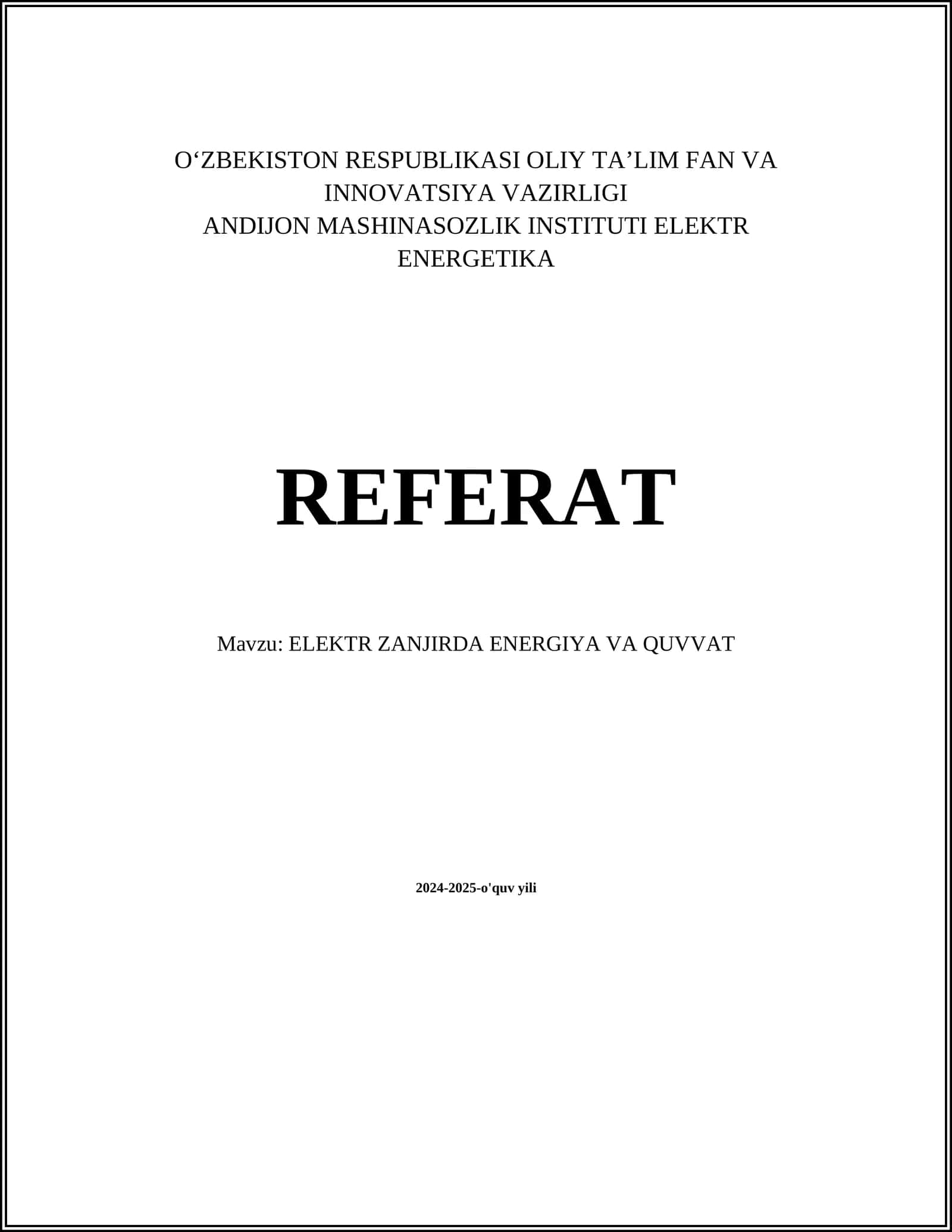 ELEKTR ZANJIRDA ENERGIYA VA QUVVAT