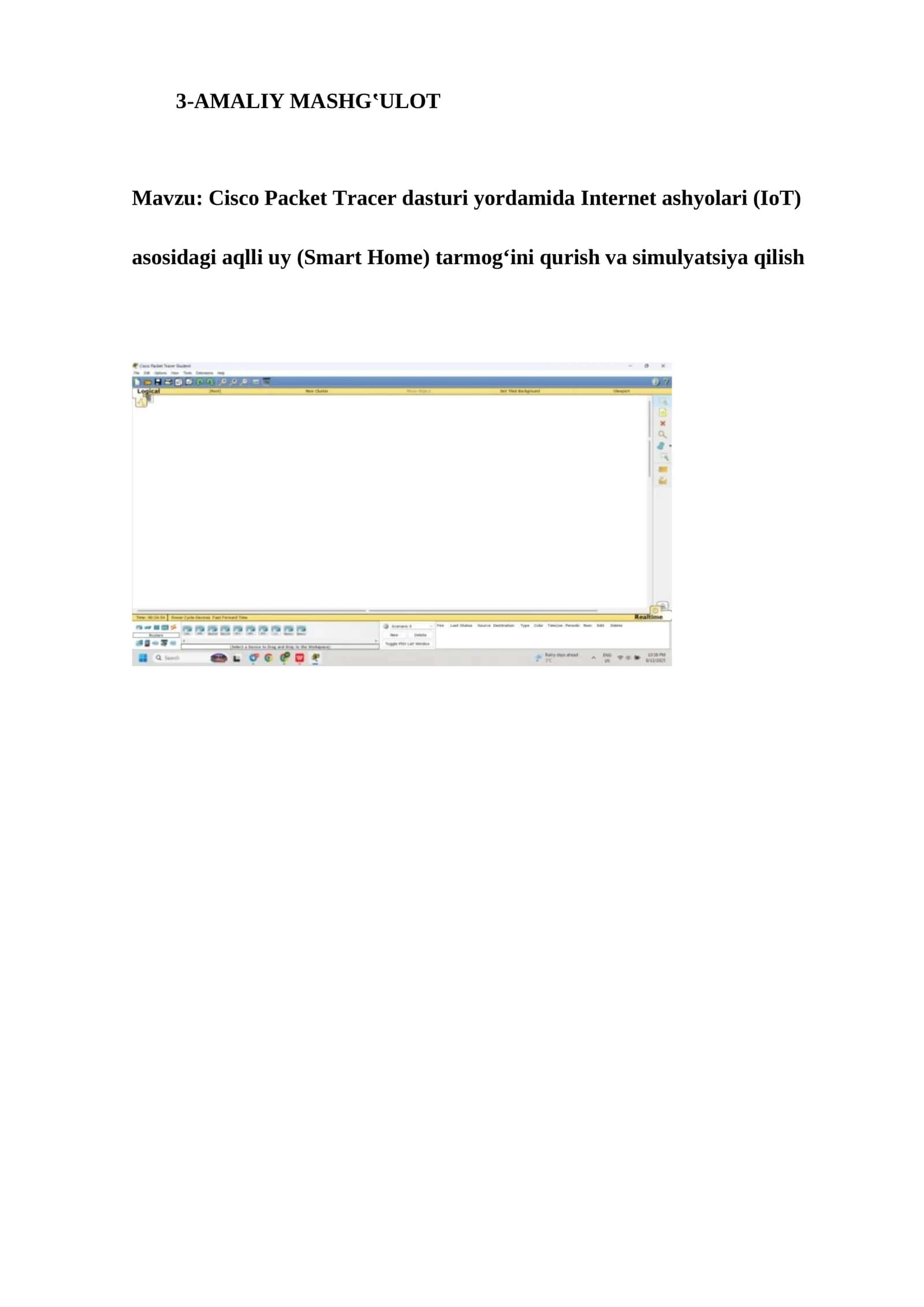 Cisco Packet Tracer dasturi yordamida Internet ashyolari (IoT) tarmog‘ini qurish