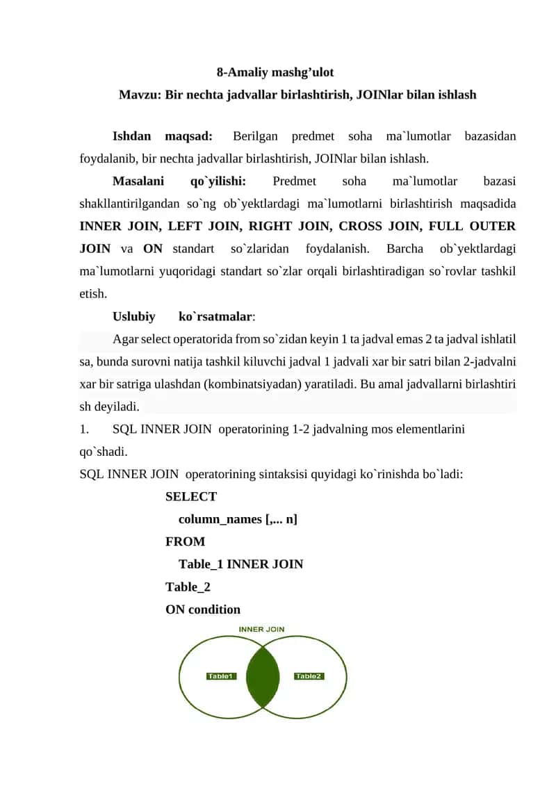 Bir nechta jadvallar birlashtirish, JOINlar bilan ishlash